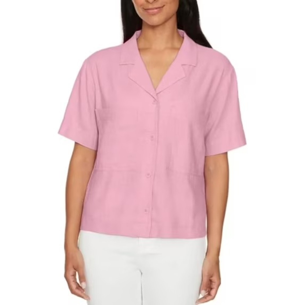 Buffalo David Bitton Womens Button Up Blouse Fidji Pink Short Sleeve Small NEW